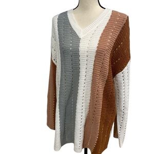 Jess Lea NWT Oversized V Neck Sweater Size Large / XL Brown Cream Striped Fall